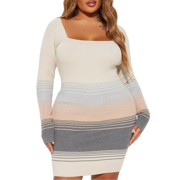Plus Size, Fashion Nova Cream and Gray Bodycon Dress Long Sleeve Square Neck, 2X - Picture 1 of 8